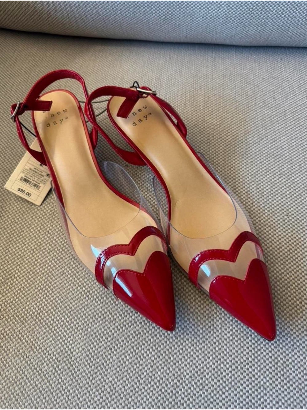 Red Pointed Slingback Flats with Heart Detail